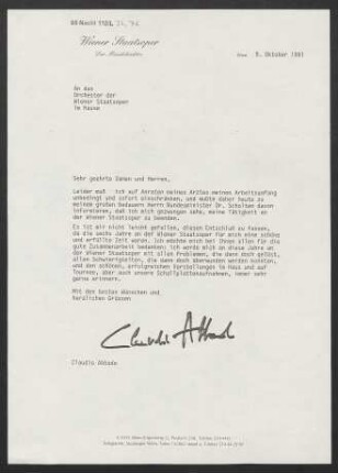 Brief an Wiener Staatsoper. Orchester, 09.10.1991