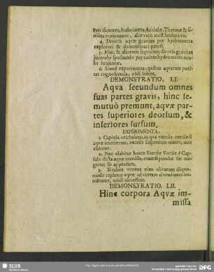 Demonstratio LI. Aqua secundum omnes suas partes gravis, hinc semutuo premunt, aquae partes superiores deorsum, & inferiores sursum