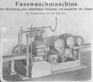 Faßwaschmaschine mit Vorrichtung zum selbsttätigen Einlassen und Auswerfen der Fässer : Technikgeschichte | Industrie und Technik | Besondere Industriezweige