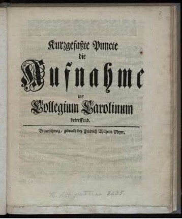 Kurzgefaßte Puncte die Aufnahme ins Collegium Carolinum betreffend