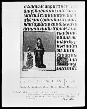 Stundenbuch, ad usum Romanum — Kniende Stifterin vor stehender Madonna, Folio 27recto