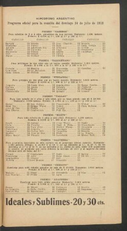 Hipódromo Argentino - Programa oficial para la reunión del domingo 14. de julio de 1912
