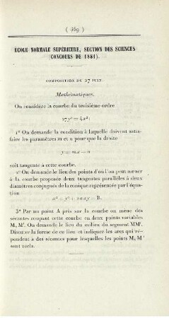 École normale supérieure, section des sciences (concours de 1881).