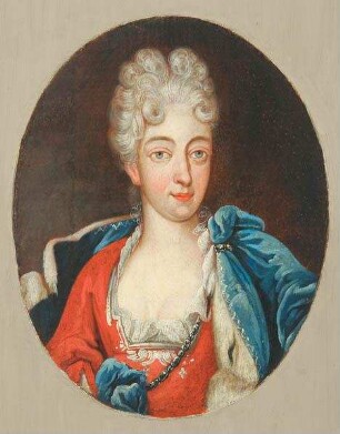 Fürstliche Dame mit Perücke rotes Kleid blauer Mantel (Amalie Wilhelmine von Braunschweig-Lüneburg, Gegenstück zu M.199, Joseph I.)?
