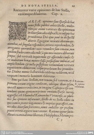 Cap. 2. Recitantur variae opiniones de hac Stella, eaedemque diluuntur.