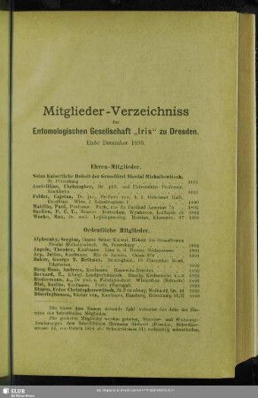 Mitglieder-Verzeichniss der Entomologischen Gesellschaft "Iris" zu Dresden