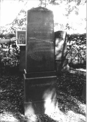 Grabstein 557 (Index: 100111502) Material: Granit Zustand: quer gebrochen und repariert, sonst gut Maße HxBxT: 196x58x28 cm Beschreibung: Obelisk, getreppter Sockel Symbolik: Palmzweig Steinmetz: W. Hirth: Grabstein 557