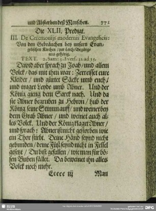 Die XLII. Predigt. III. Ceremoniae modernis Evangelicis: Von den Gebräuchen bey unsern Evangelischen Kirchen, zur Leich-Begängnus gehörig