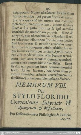 Membrum VIII. De Stylo Florido Conveniente Satyricis & Apologeticis, & Miscellaneo