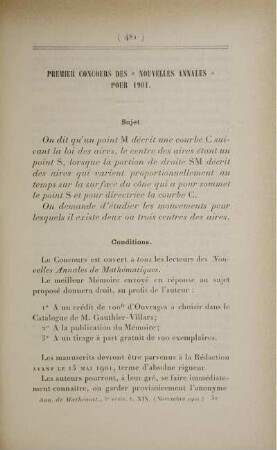Premier concours des « Nouvelles Annales » pour 1901. Sujet,