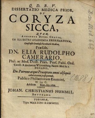 Dissertatio Medica Prior, De Coryza Sicca