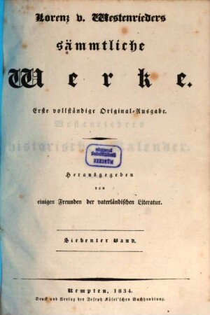 Lorenz v. Westenrieders sämmtliche Werke, 7. Westenrieders historischer Kalender
