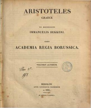 Aristotelis opera. 2, Aristoteles graece ; vol. 2