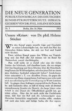Unsere "Krise"/ von Dr. phil. Helene Stöcker