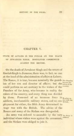 Chapter V. State of affairs in the Punjab on the death of Juwaheer Singh ...
