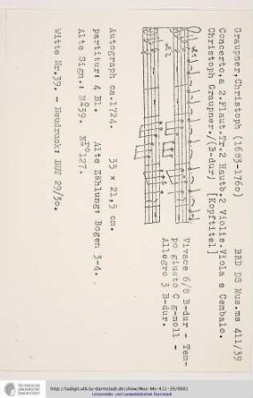 Concerto, a 2. Flaut. Tr. 2 Hautb. 2 Violin. Viola e Cembalo. Christoph / Graupner.