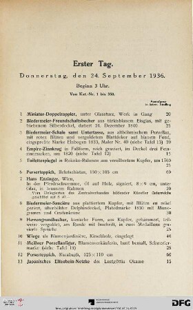 Erster Tag: Donnerstag, den 24. September 1936, Beginn 3 Uhr (Nr. 1-350)