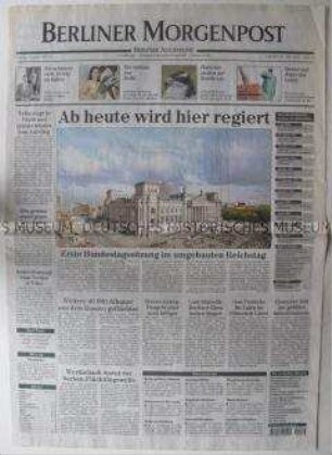 Fragment der Tageszeitung "Berliner Morgenpost" u.a. über die erste Bundestagssitzung im neu eröffneten Reichstag
