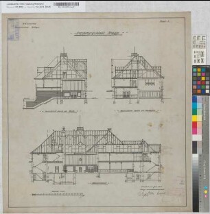 Empfangsgebäude [Bahnhof] Brügge, Blatt~3: Schnitte, M.~1:100 Stnr.: 44, Hge, Bunr.: 9, Blnr.: 4