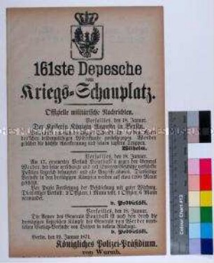 Kriegsdepesche des Königlichen Polizeipräsidiums Berlin mit Berichten vom 18. Januar 1871 über die Schlacht an der Lisaine