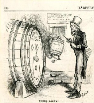 Probe away! : Uncle Sam ist dabei ein Whiskyfass anzubohren, um den Inhalt zu untersuchen