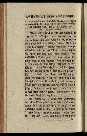 §. 26. Anzeichen und äusserliche Ahndungen, deren philosophische Begreiflichkeit für schwer oder unmöglich gehalten wird, und die als ausserordentliche angegeben werden.