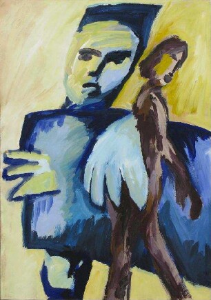 Braune Figur vor blauem Kopfbild