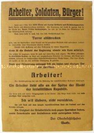 Bekanntmachung von Gustav Noske über den Einmarsch von Truppen in Berlin zur Bekämpfung des Januaraufstandes 1919
