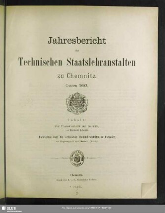 1892: Jahresbericht der Technischen Staatslehranstalten zu Chemnitz