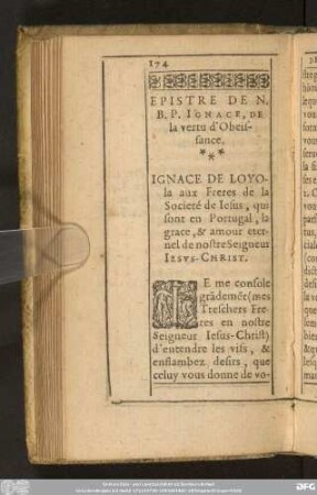 Epistre De N. B. P. Ignace, De la vertu d'Obeissance.