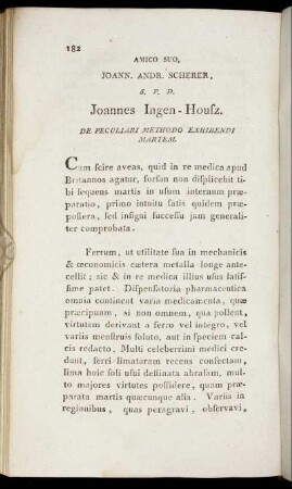 Amico Suo, Joann. Andr. Scherer, S. P. D. Joannes Ingen-Housz. De Peculiari Methodo Exhibendi Martem.