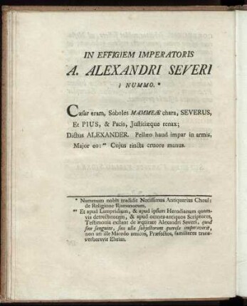 In Effigiem Imperatoris A. Alexandri Severi Nummo.