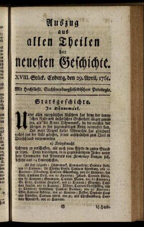 XVIII. Stück. Coburg, den 29. April, 1761.