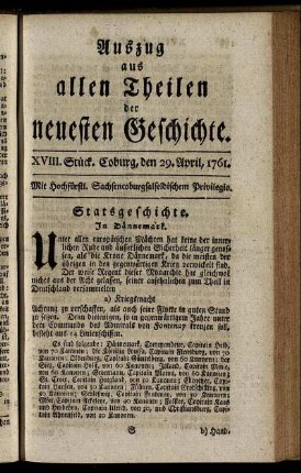 XVIII. Stück. Coburg, den 29. April, 1761.