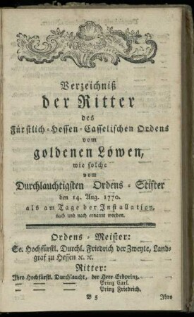Verzeichniß der Ritter des Fuerstlich-Hessen-Casselischen Ordens vom goldenen Loewen