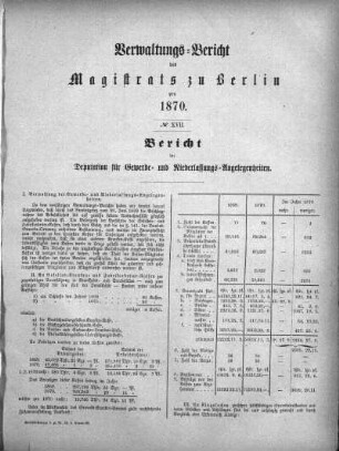 No. XVII. Bericht der Deputation für Gewerbe- und Niederlassungs-Angelegenheiten