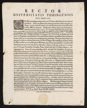 Todesanzeige des stud. theol. Johann Magnus Ketterlinus aus Vaihingen, 1694.