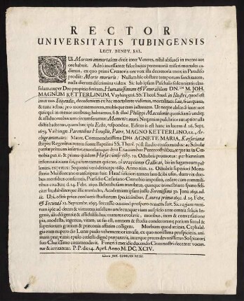 Todesanzeige des stud. theol. Johann Magnus Ketterlinus aus Vaihingen, 1694.
