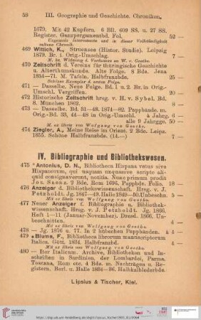 IV. Bibliographie und Bibliothekswesen (Nr. 475 - 518)