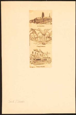Wasserkirche, Kreuzgänge im Großmünster und am Fraumünster, Zürich: Perspektivische Ansicht der Kirche, perspektivische Innenansicht im Großmünster und perspektivische Außenansicht am Frauenmünster, nach der Illustrirten Zeitung, 1872, S. 52