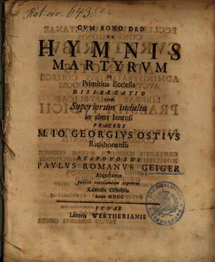 De hymnis martyrum in primitiva ecclesia dissertatio