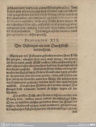 Propositio XIX. Der Vestungen ein und Durchflüsse verwahren.