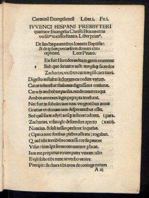 Iuvenci Hispani Presbyteri quattuor Evangelia Christi Hexametris versibus transferententis. Liber Primus.
