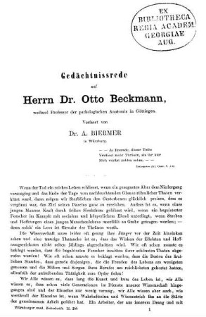 Gedächtnissrede auf Herrn Dr. Otto Beckmann