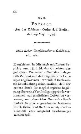 XVII. Extract. Aus der Cabinets-Ordre d.d. Berlin, den 24. May. 1798