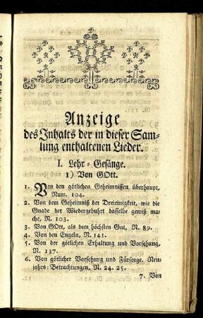 Anzeige des Inhalts der in dieser Samlung enthaltenen Lieder.