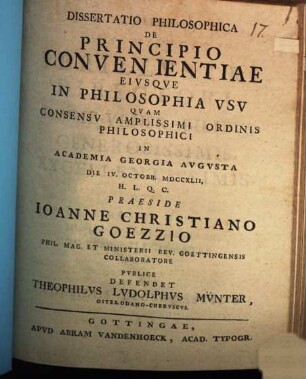 Diss. philos. de principio convenientiae, eiusque in philosophia usu