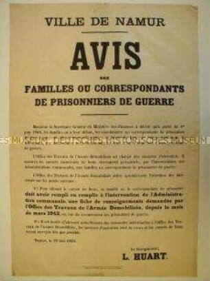 Maueranschlag für das besetzte Belgien mit Verordnungen für Familien und Angehörige von Kriegsgefangenen (einsprachig)