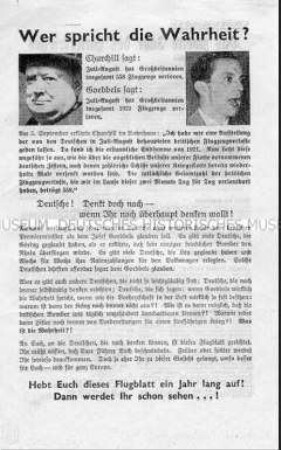 Abwurf-Flugblatt der Alliierten mit Aussagen von Goebbels und Churchill über die Stärke der britischen Luftwaffe