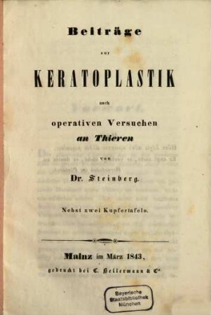 Beiträge zur Keratoplastik nach operativen Versuchen an Thieren